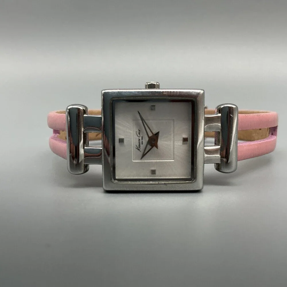 Kenneth Cole Womens Watch 20mm Silver Dial Pink Leather Square New Battery